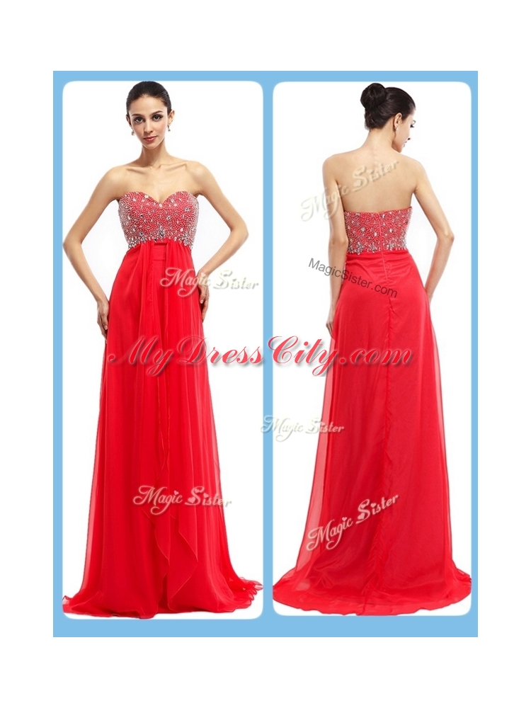 Simple Sweetheart Brush Train Beading Discount Evening Dresses in Red