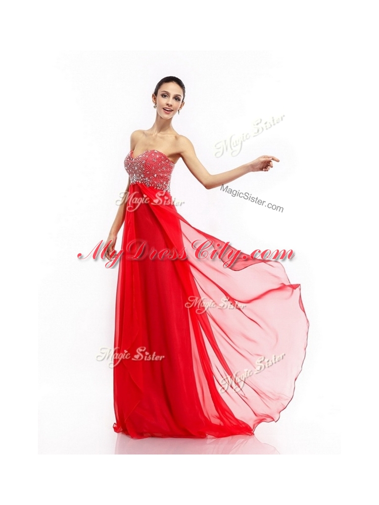 Simple Sweetheart Brush Train Beading Discount Evening Dresses in Red