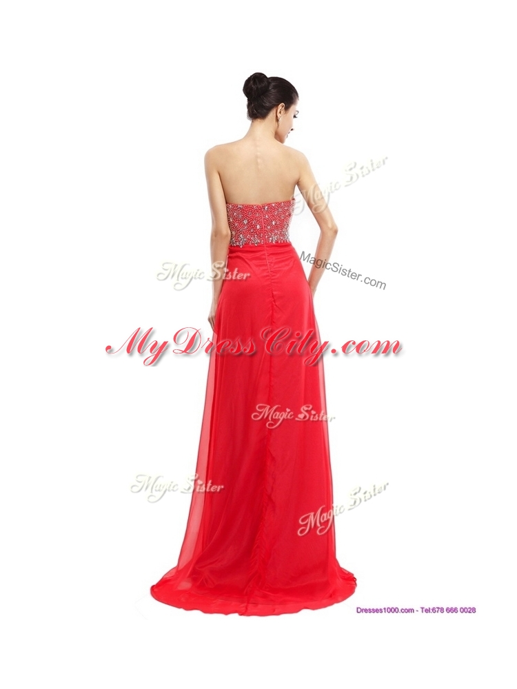 Simple Sweetheart Brush Train Beading Discount Evening Dresses in Red