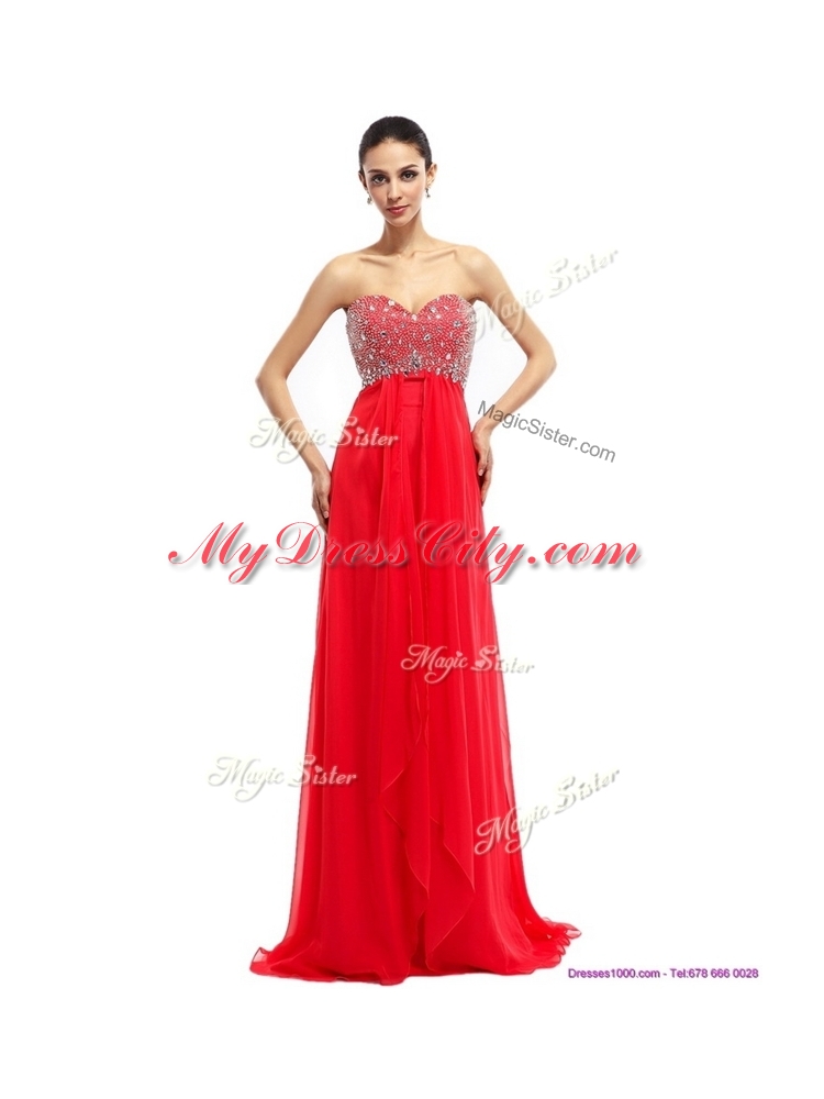 Simple Sweetheart Brush Train Beading Discount Evening Dresses in Red