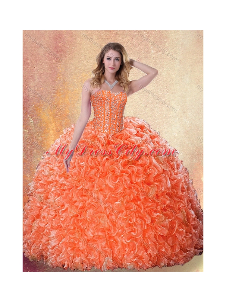 Fashionable Brush Train Orange Quinceanera Dresses with Beading and Ruffles