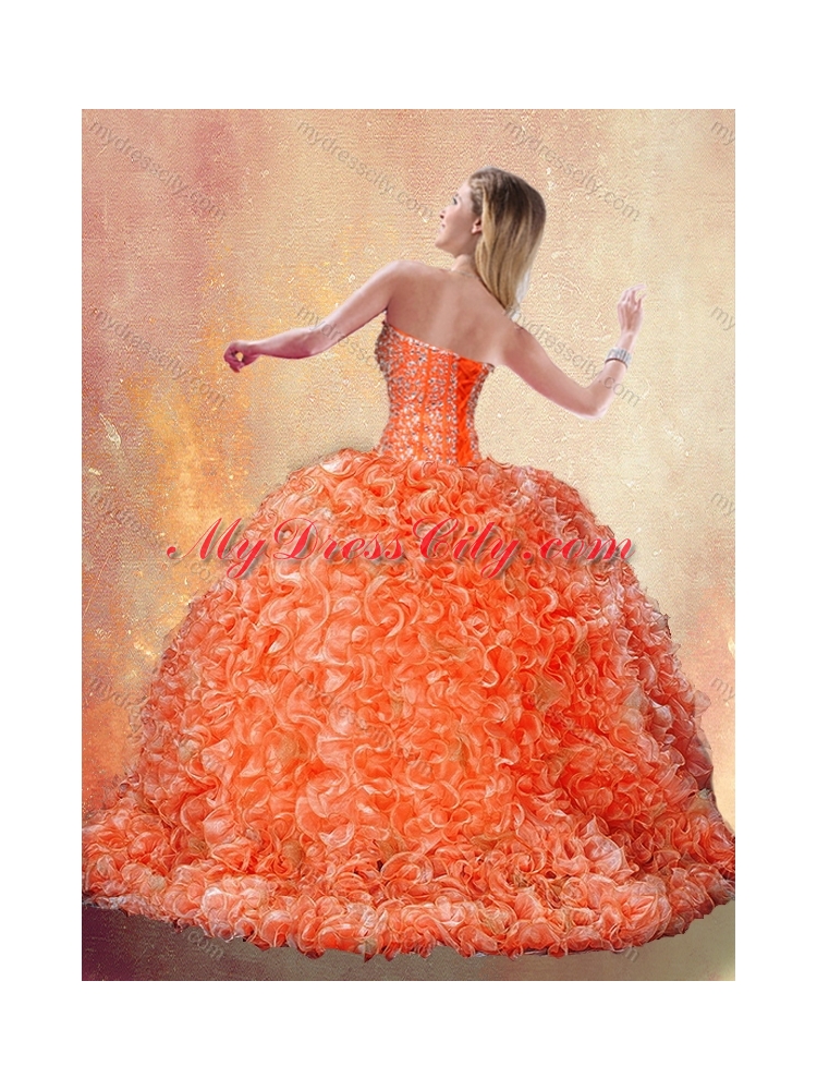 Fashionable Brush Train Orange Quinceanera Dresses with Beading and Ruffles