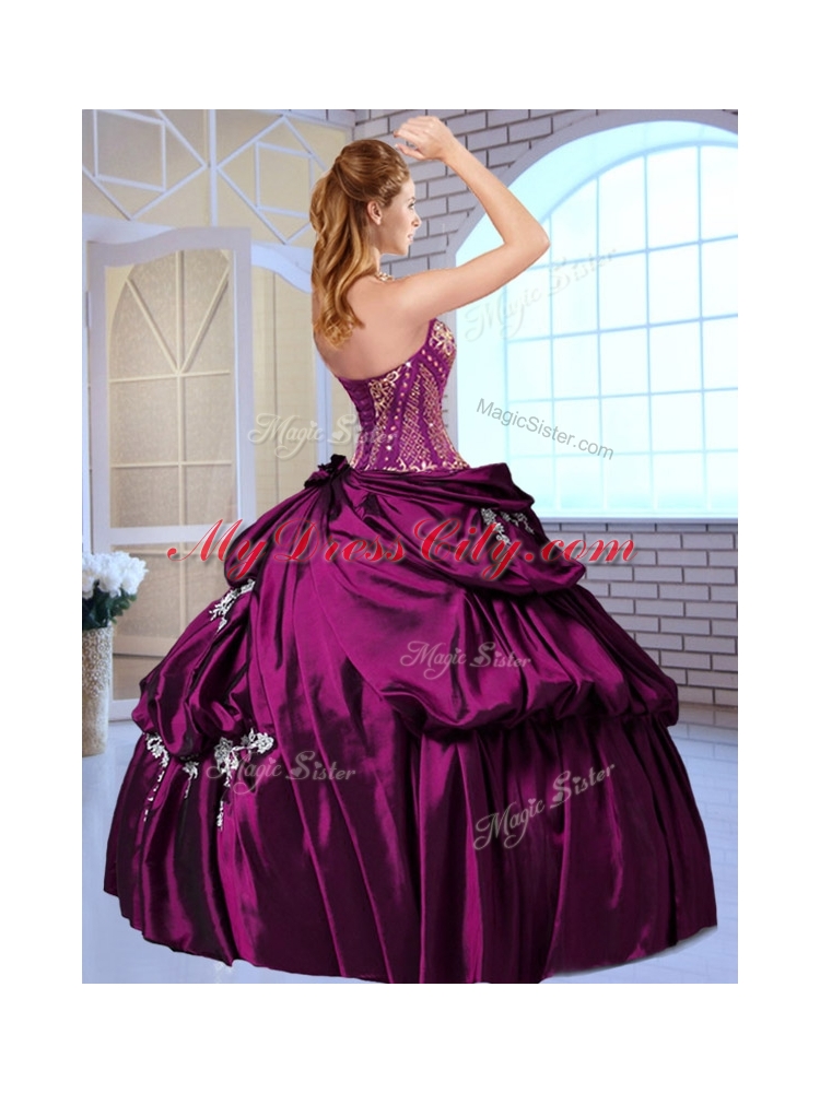 Gorgeous Ball Gown Taffeta Wine Red Quinceanera Gowns with Pick Ups