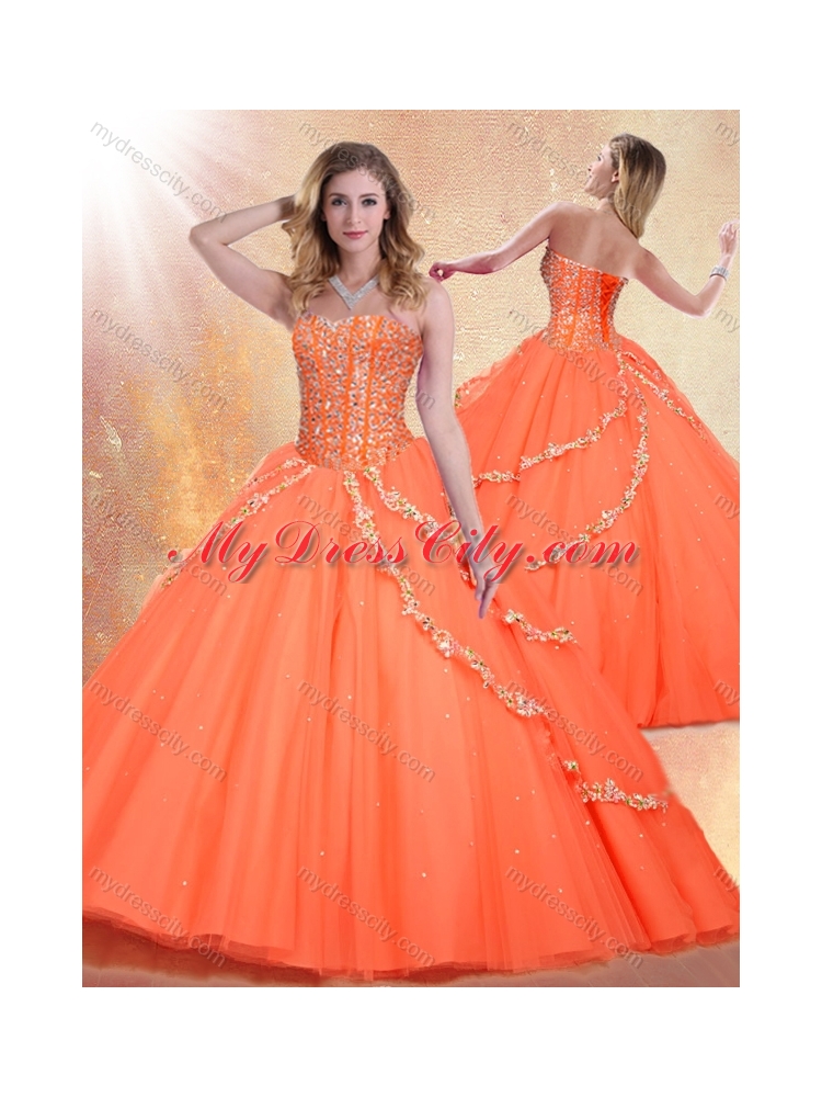 Romantic Sweetheart Brush Train Quinceanera Dresses with Beading