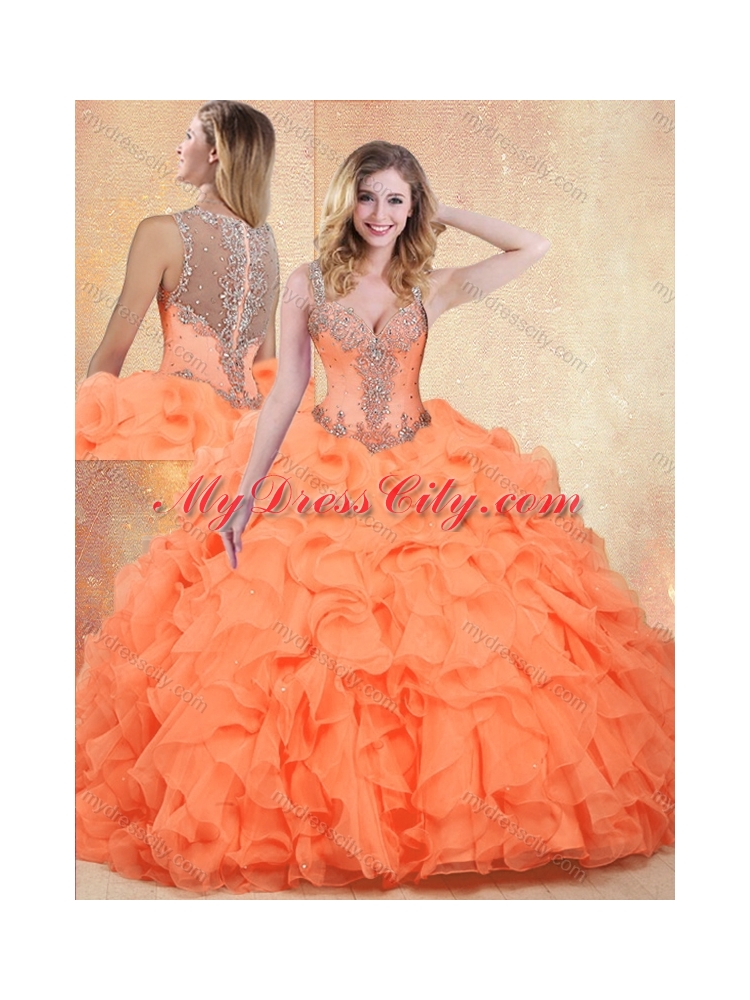 Beautiful Straps Orange Red Sweet 16 Dresses with Ruffles and Appliques