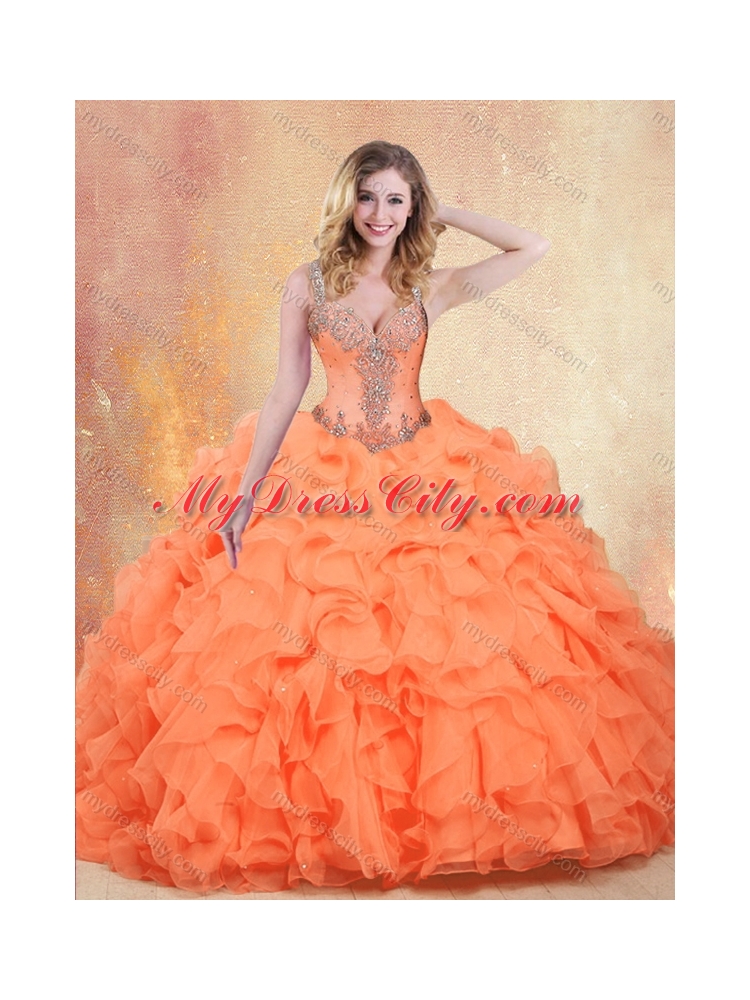 Beautiful Straps Orange Red Sweet 16 Dresses with Ruffles and Appliques