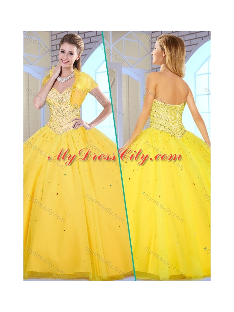 Modest Ball Gown Yellow Quinceanera Dresses with Beading