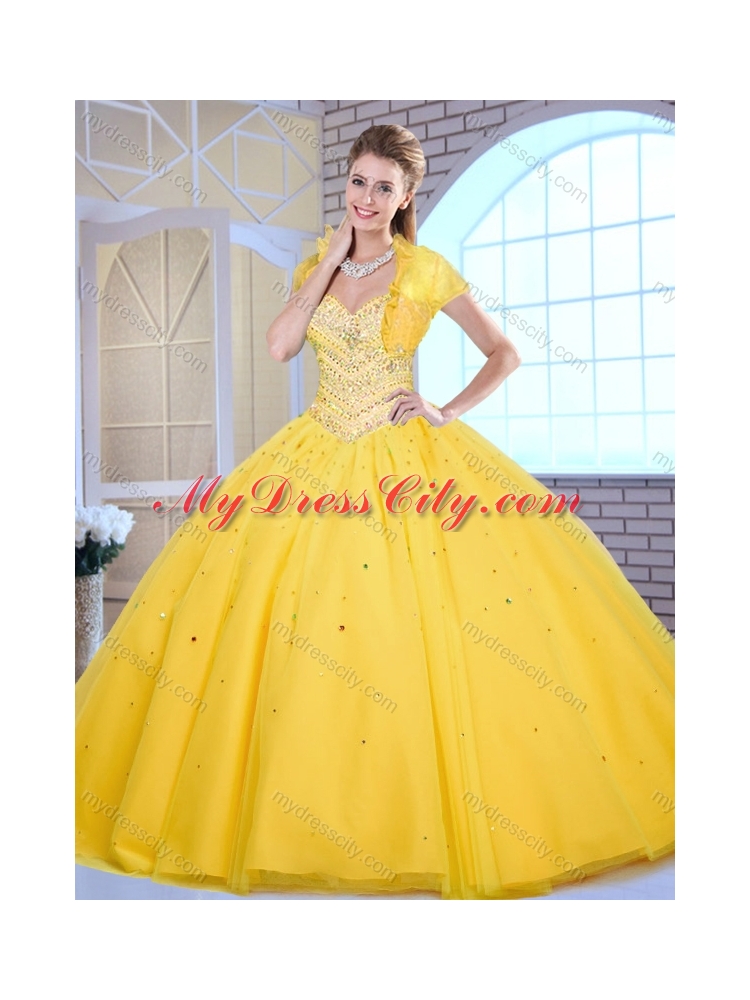 Modest Ball Gown Yellow Quinceanera Dresses with Beading