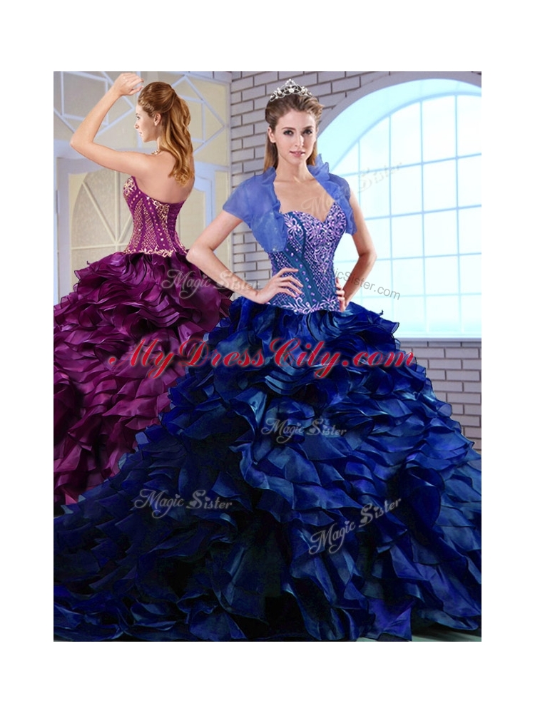 Perfect Brush Train Ruffles and Appliques Quinceanera Dresses in Royal Blue