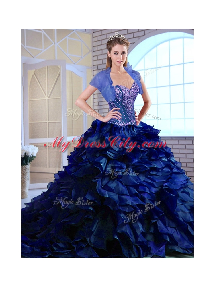 Perfect Brush Train Ruffles and Appliques Quinceanera Dresses in Royal Blue