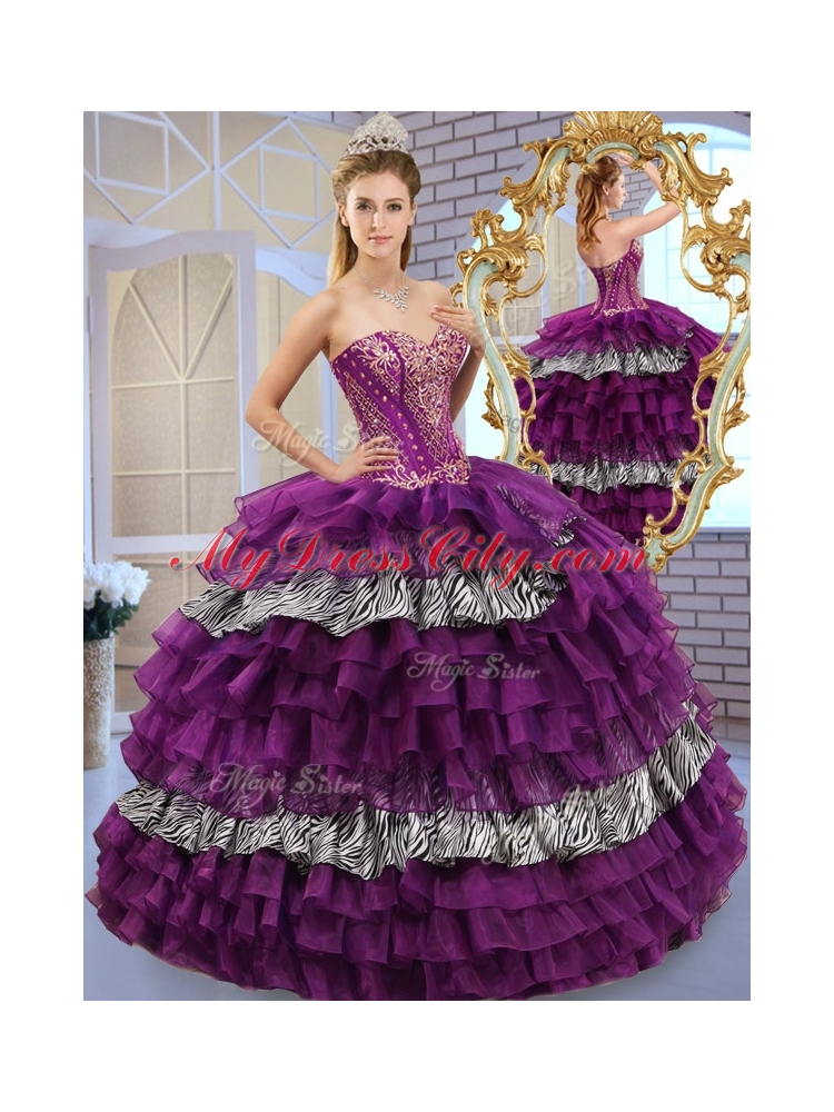 Pretty Sweetheart Ball Gown Quinceanera Dresses with Ruffled Layers and Zebra