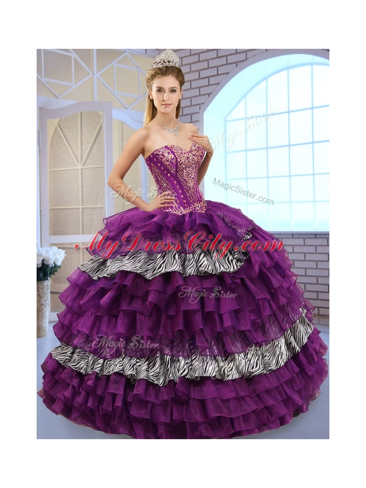 Pretty Sweetheart Ball Gown Quinceanera Dresses with Ruffled Layers and Zebra