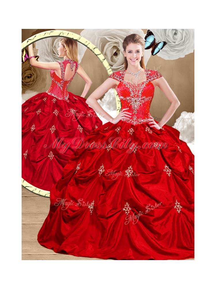 2016 Gorgeous Red Sweet 16 Gowns with Appliques and Pick Ups