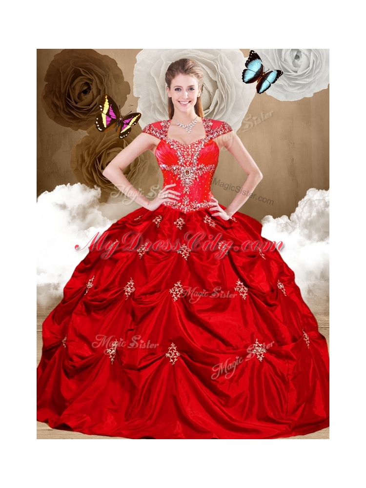 2016 Gorgeous Red Sweet 16 Gowns with Appliques and Pick Ups