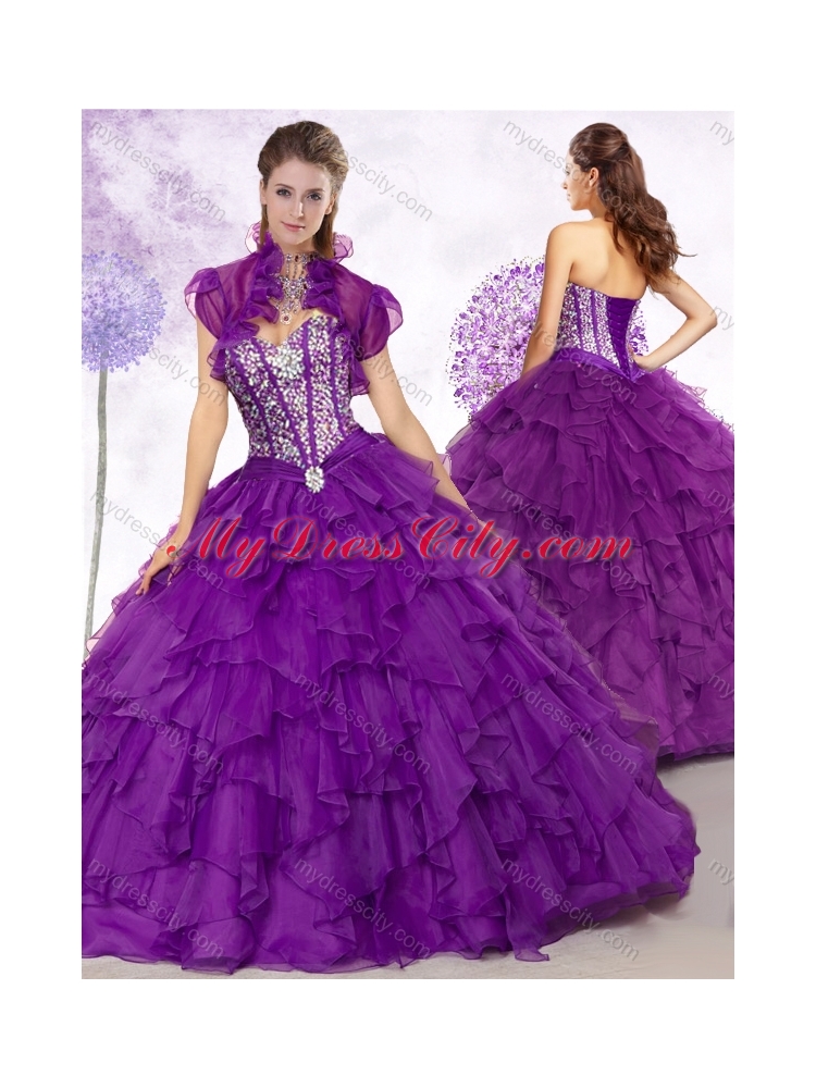 Cheap Ball Gown Purple Quinceanera Gowns with Beading and Ruffles