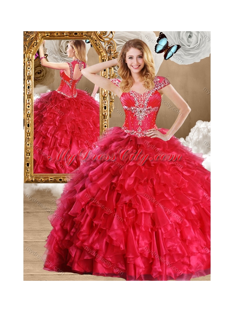 Fashionable Red Quinceanera Gowns with Beading and Ruffles