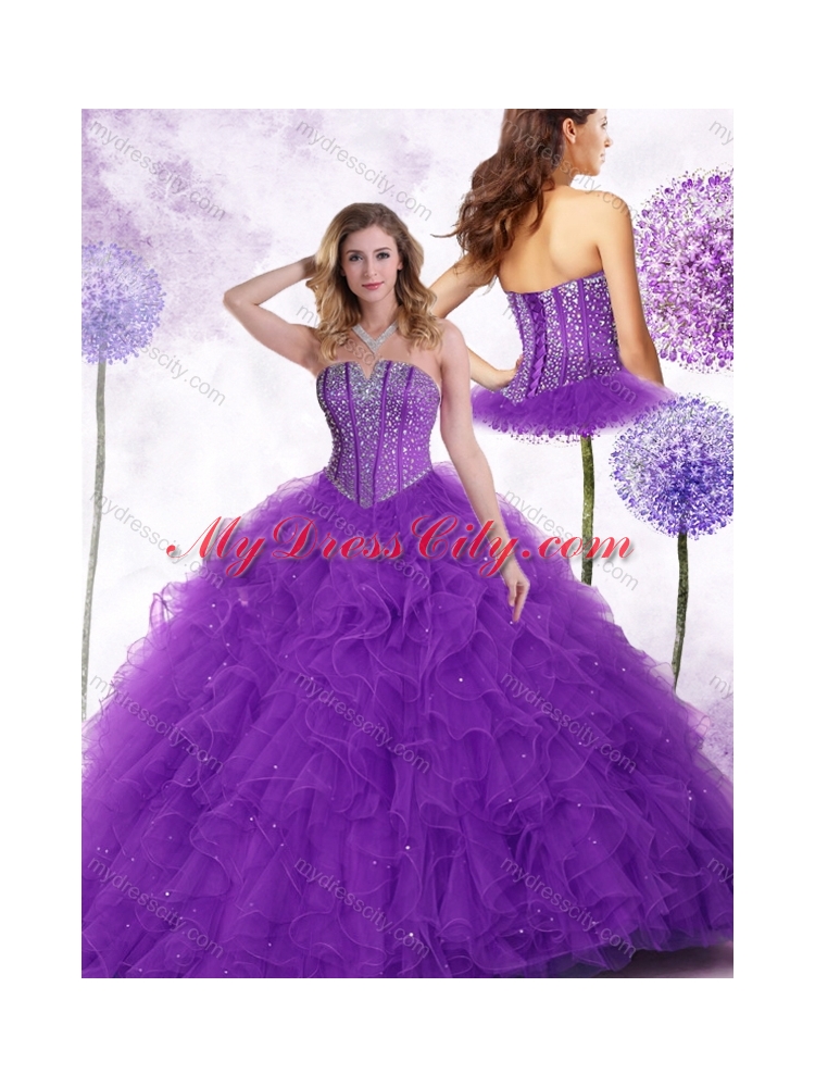 New Arrivals Strapless Purple Quinceanera Gowns with Beading and Ruffles