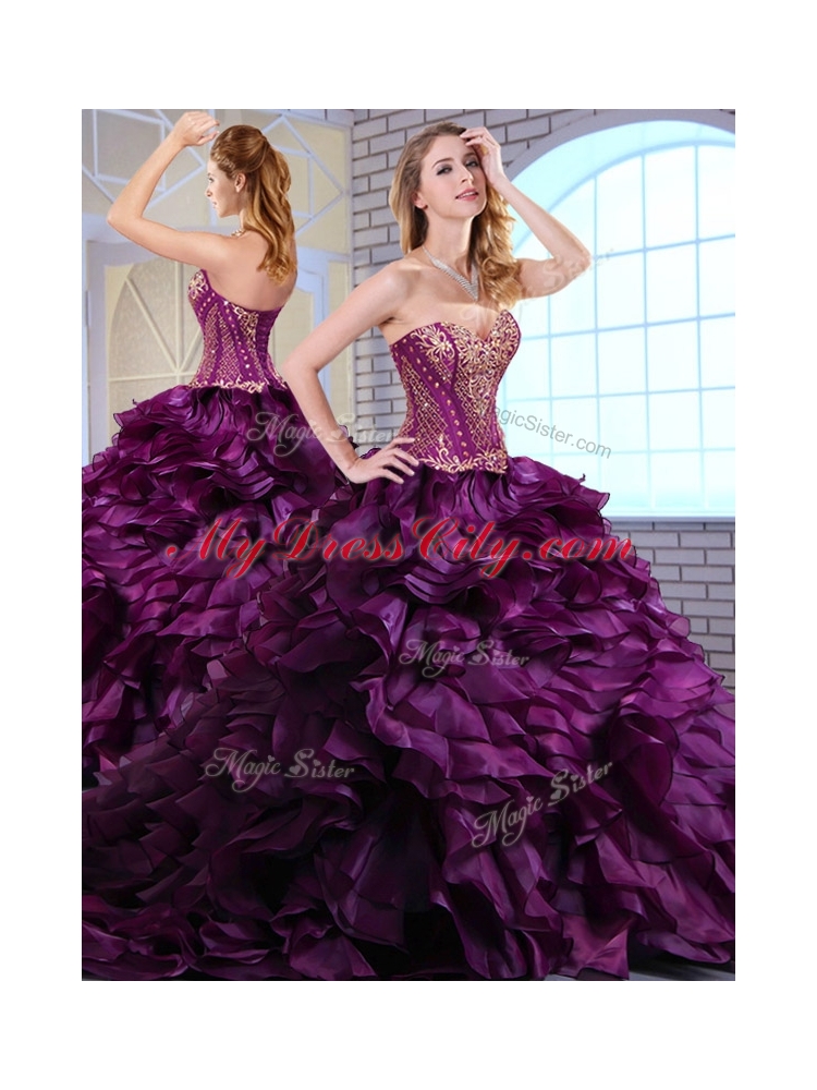 Wonderful Brush Train Dark Purple Sweet 16 Dresses with Ruffles and Appliques