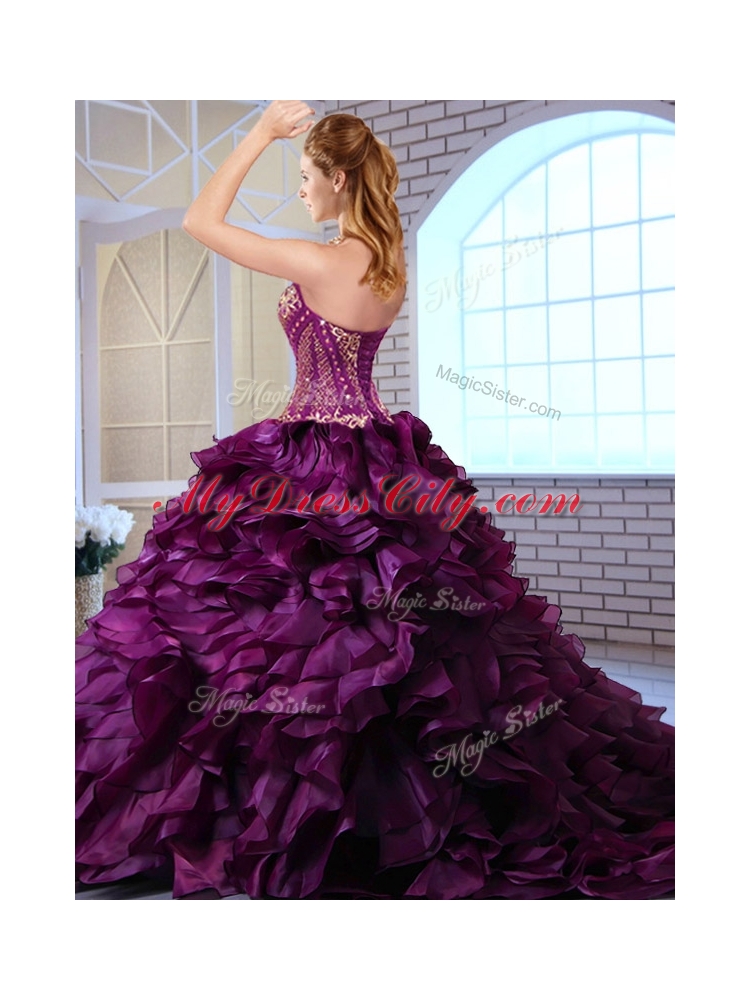 Wonderful Brush Train Dark Purple Sweet 16 Dresses with Ruffles and Appliques