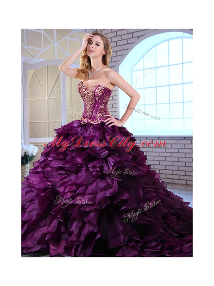 Wonderful Brush Train Dark Purple Sweet 16 Dresses with Ruffles and Appliques