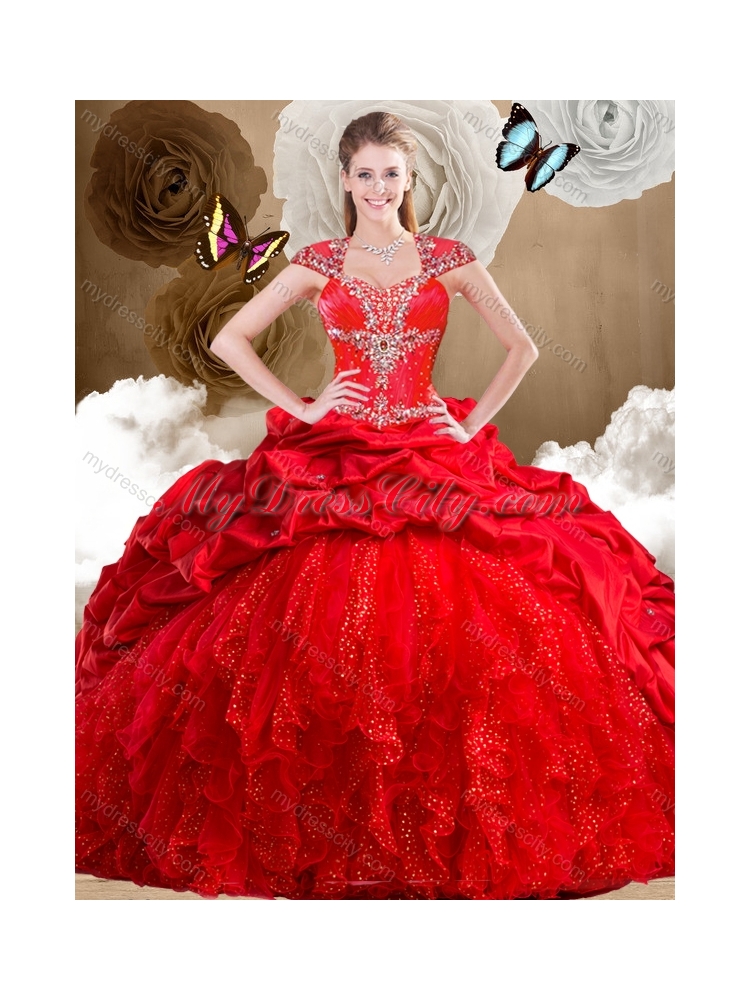 Fashionable Red Sweet 16 Dresses with Beading and Pick Ups