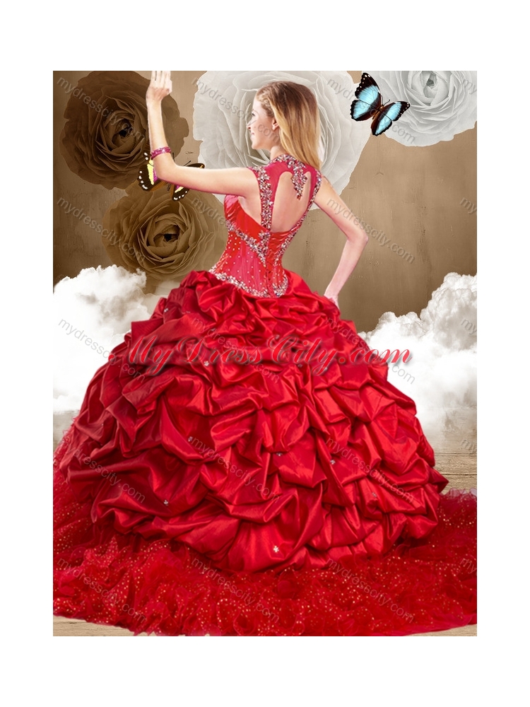 Fashionable Red Sweet 16 Dresses with Beading and Pick Ups