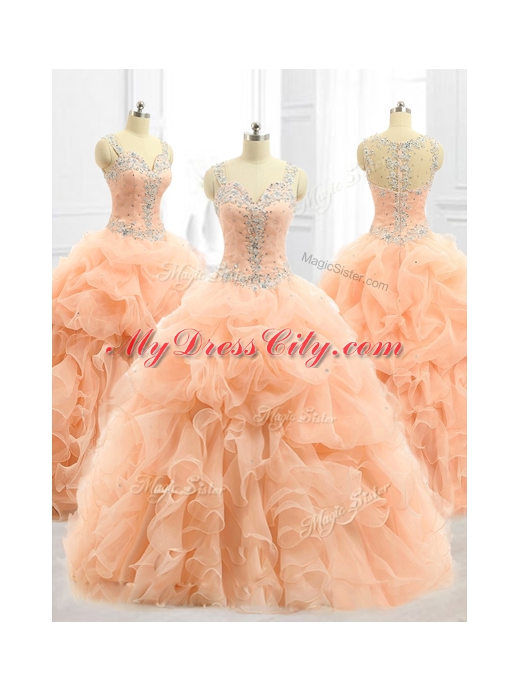 Custom Made Straps Beading and Ruffles Quinceanera Dresses in Peach