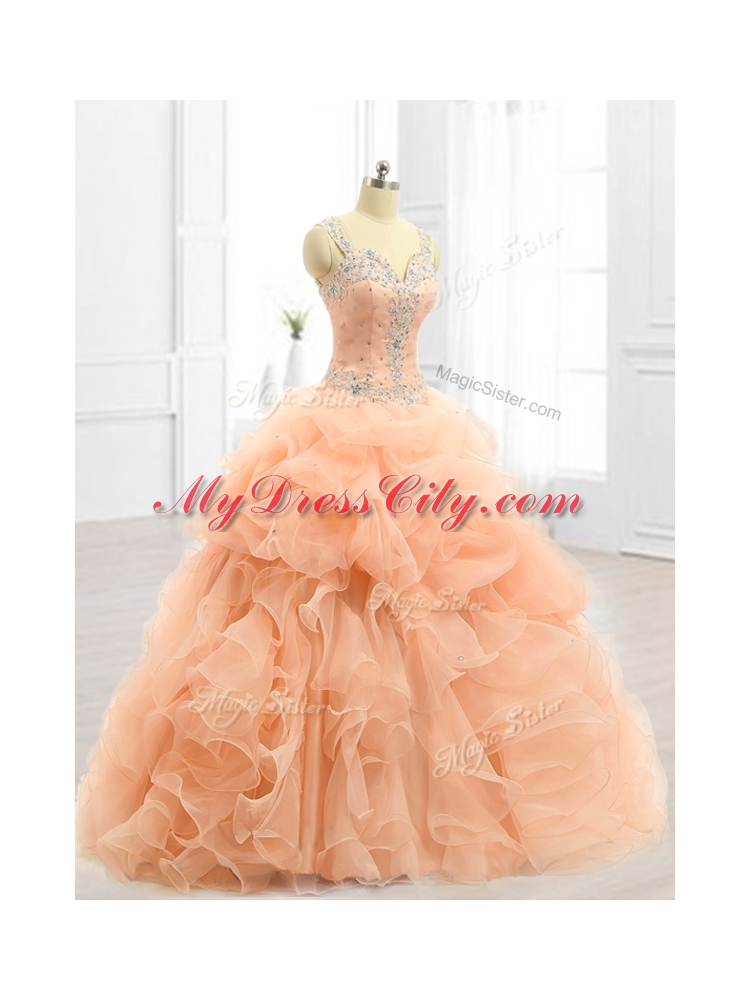 Custom Made Straps Beading and Ruffles Quinceanera Dresses in Peach