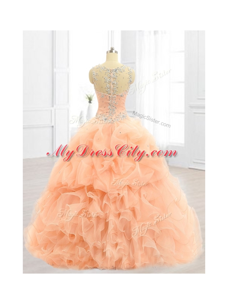 Custom Made Straps Beading and Ruffles Quinceanera Dresses in Peach