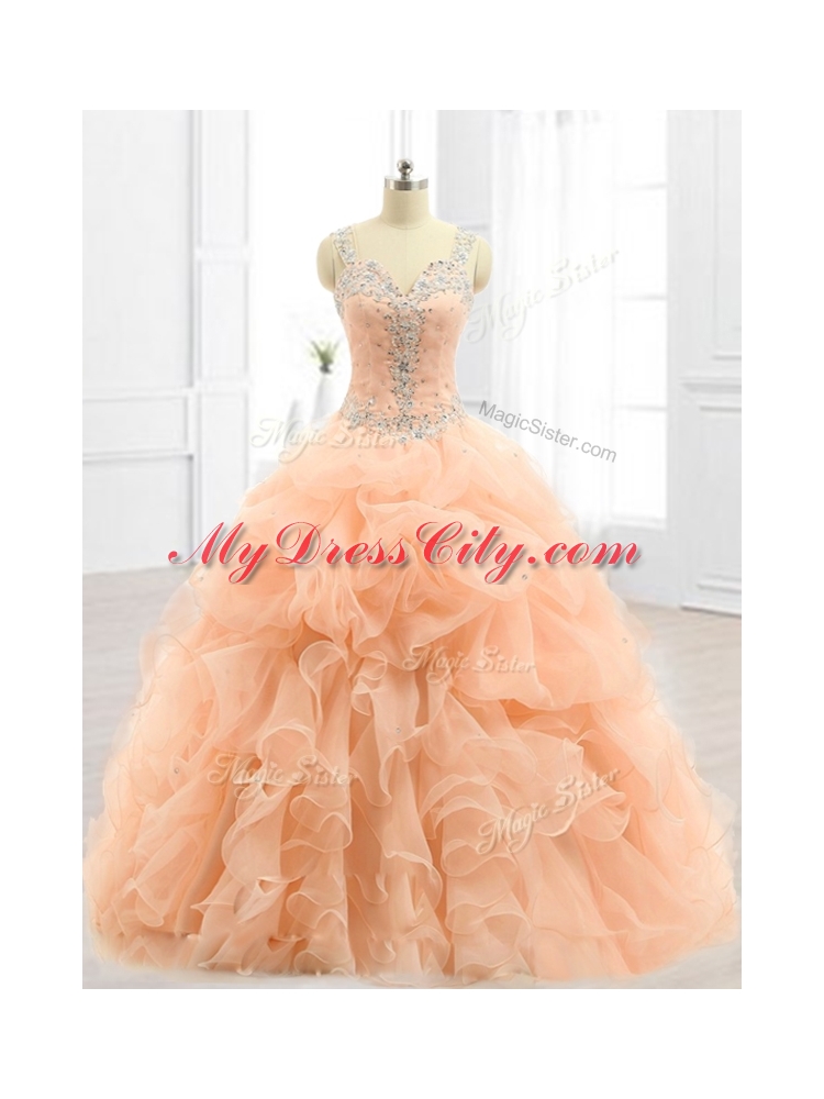 Custom Made Straps Beading and Ruffles Quinceanera Dresses in Peach