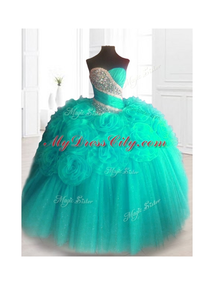 2016 In Stock Beading Quinceanera Dresses with Hand Made Flowers