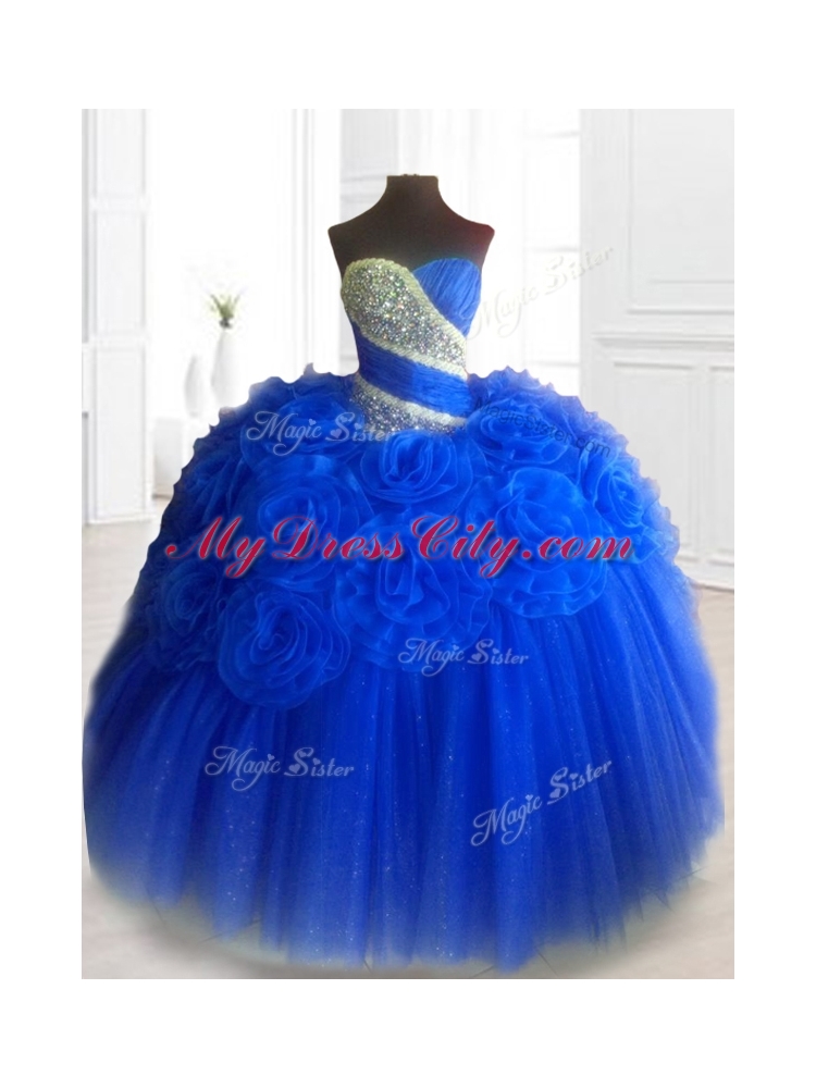 Custom Hand Made Flowers Sweet 16 Dresses in Royal Blue