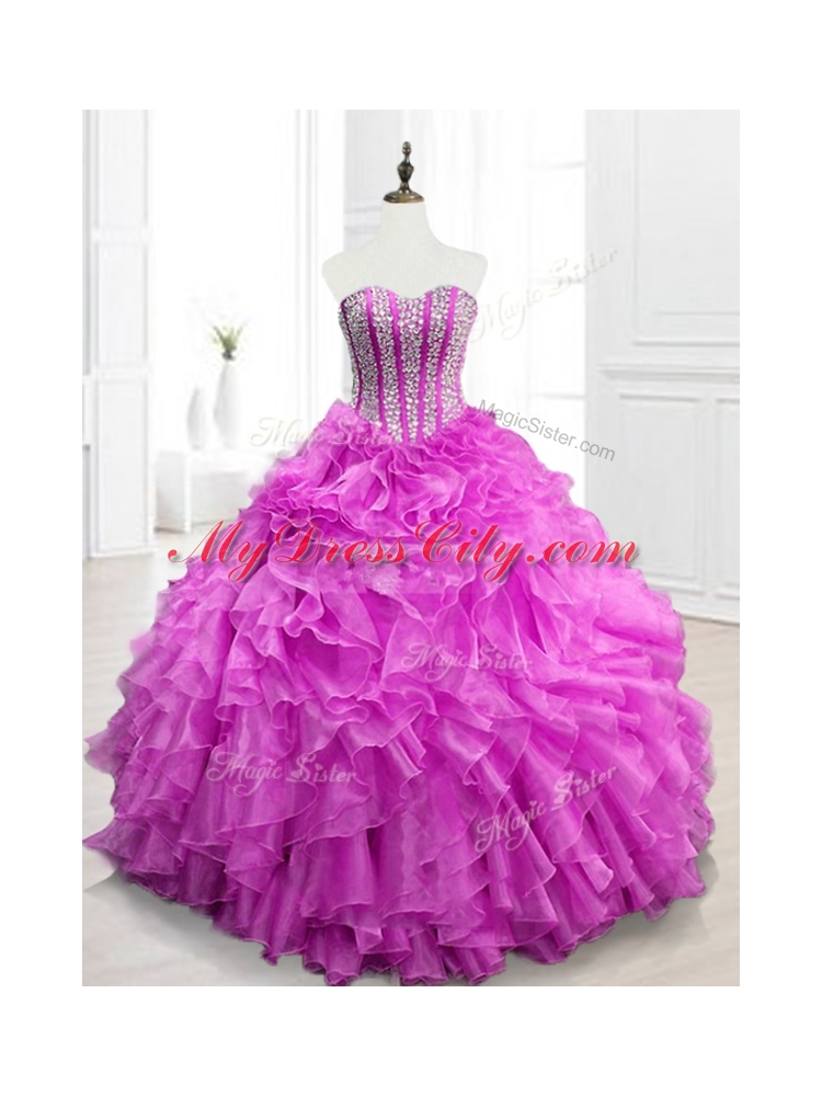 Custom Made Beading and Ruffles Fuchsia Quinceanera Gowns for 2016