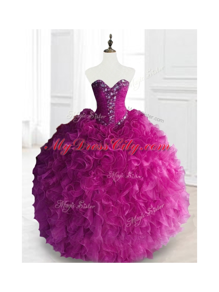 Custom Made Beading and Ruffles Quinceanera Dresses in Fuchsia