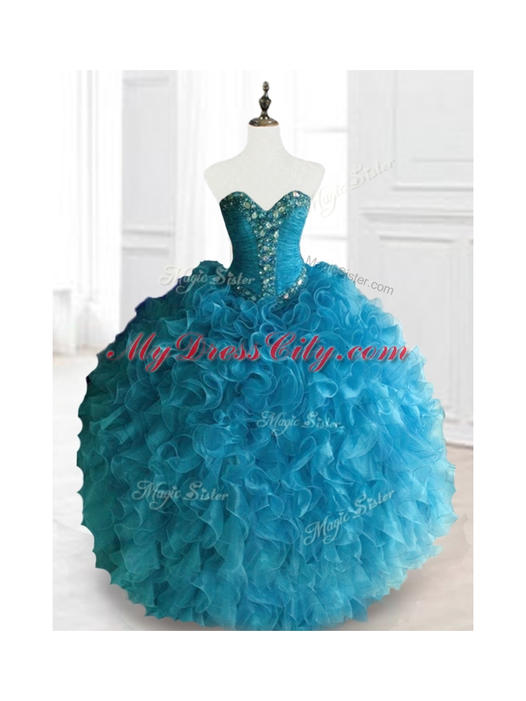 Custom Made Beading and Ruffles Sweetheart Quinceanera Dresses in Blue