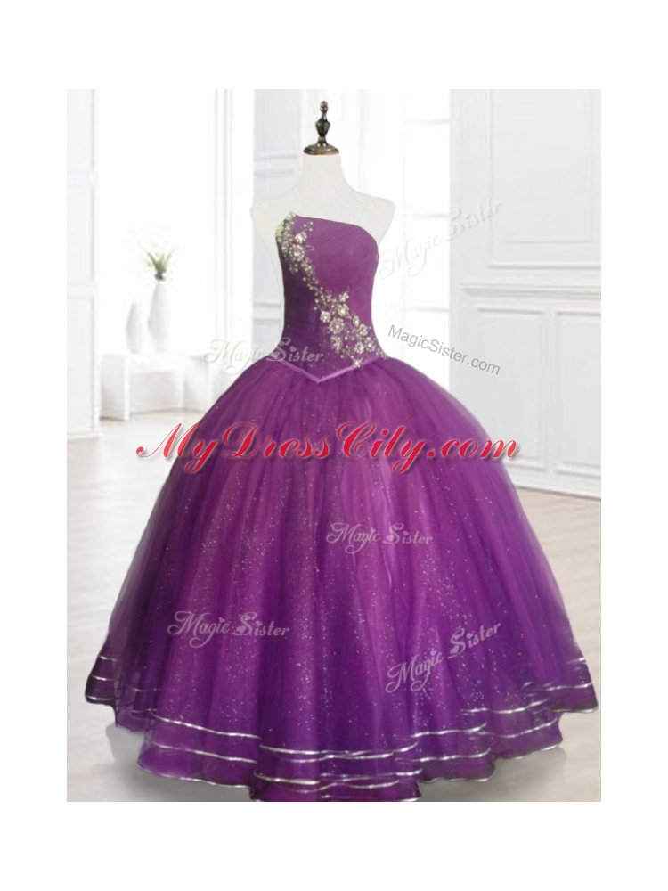 Custom Made Strapless Purple Floor Length Quinceanera Gowns with Beading