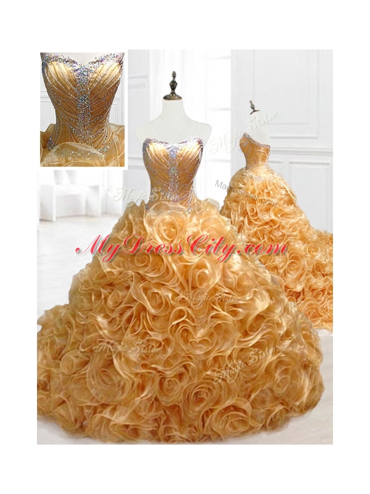 In Stock Sweetheart Rolling Flowers Brush Train Quinceanera Dresses with Beading