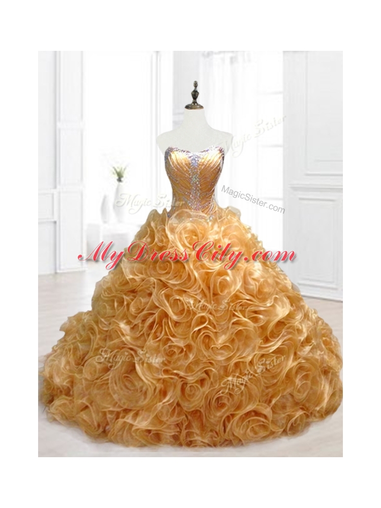 In Stock Sweetheart Rolling Flowers Brush Train Quinceanera Dresses with Beading