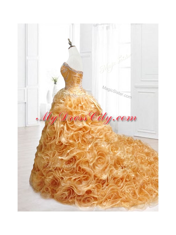 In Stock Sweetheart Rolling Flowers Brush Train Quinceanera Dresses with Beading