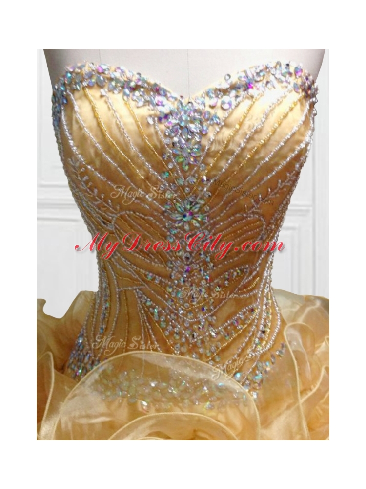 In Stock Sweetheart Rolling Flowers Brush Train Quinceanera Dresses with Beading