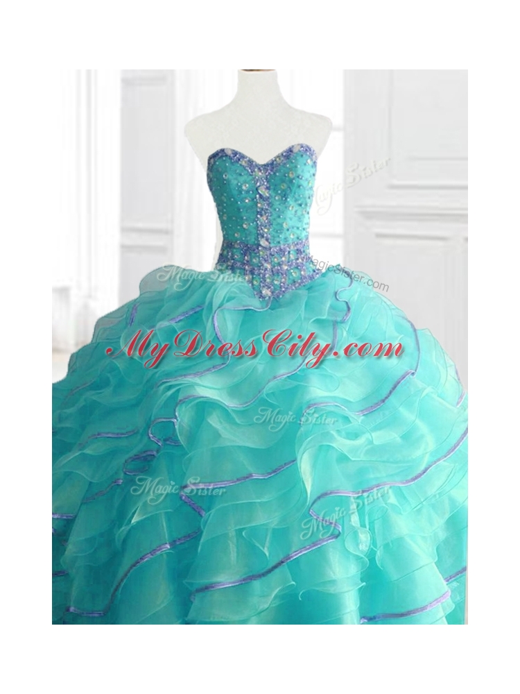 In Stock Aqua Blue Quinceanera Dresses with Beading and Ruffles