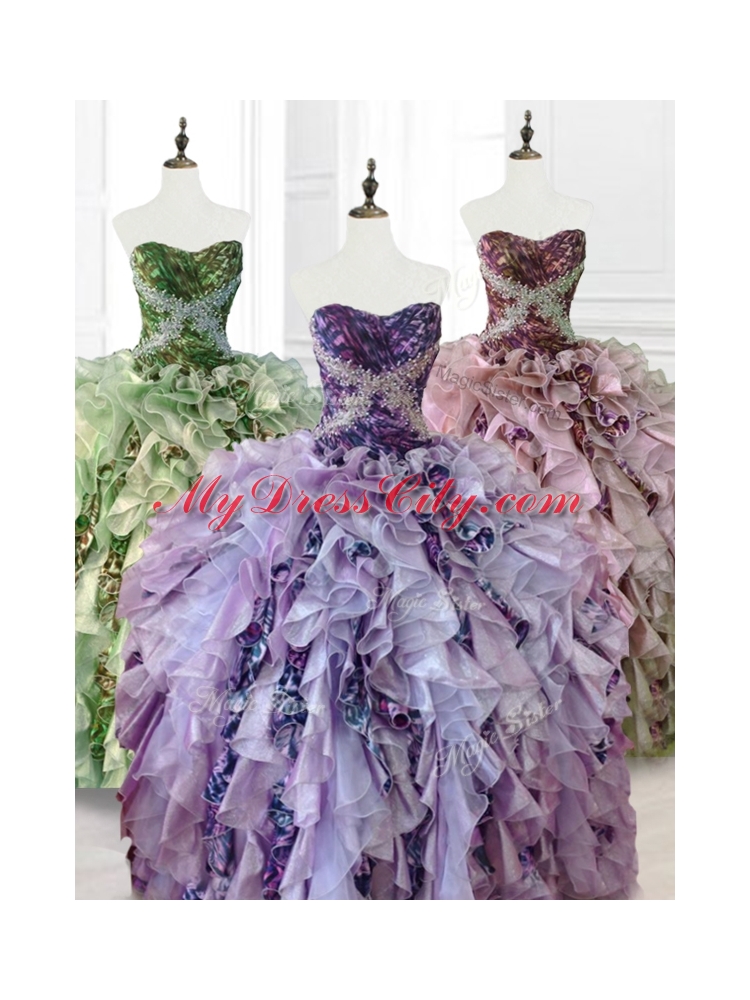 In Stock Beading Multi Color Quinceanera Dresses with Ruffles and Pattern