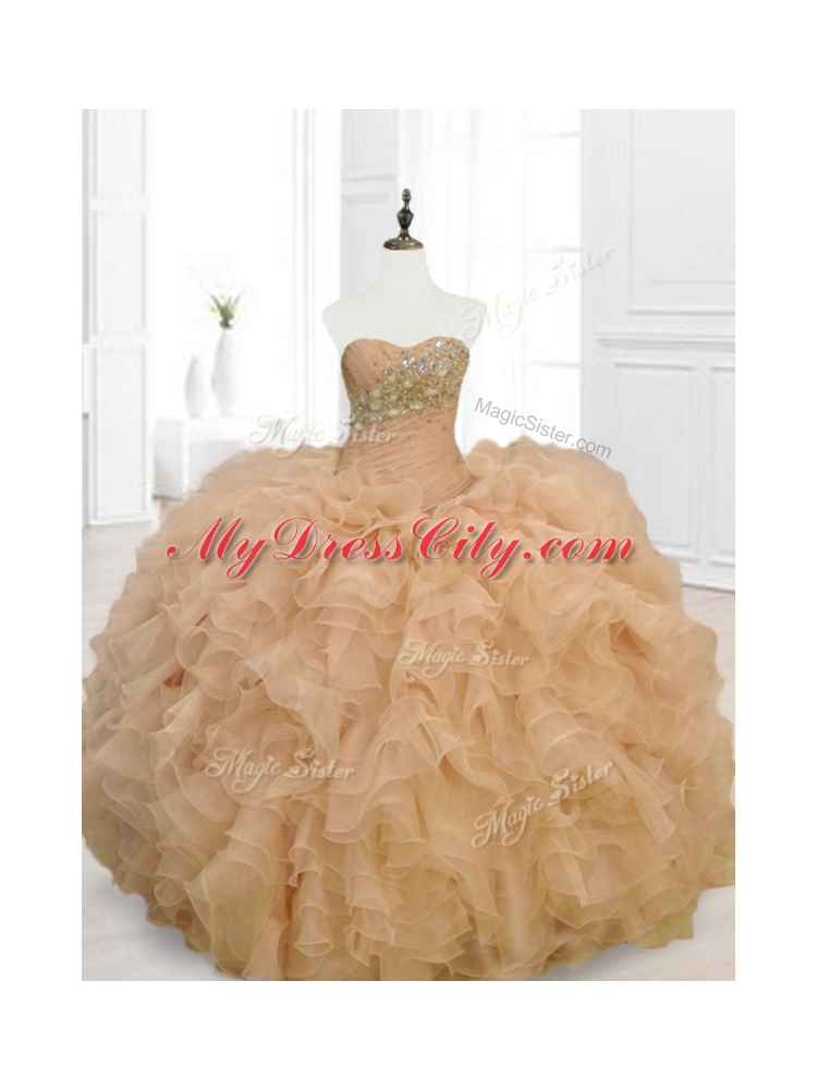 In Stock Champagne Quinceanera Gowns with Beading and Ruffles