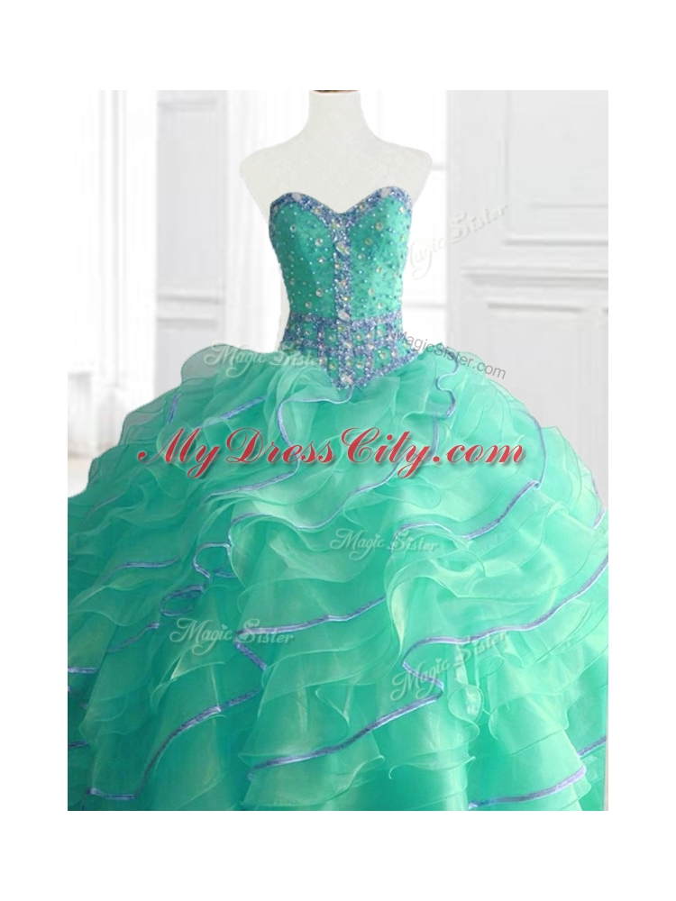 In Stock Sweetheart Beading and Ruffles Quinceanera Gowns in Turquoise