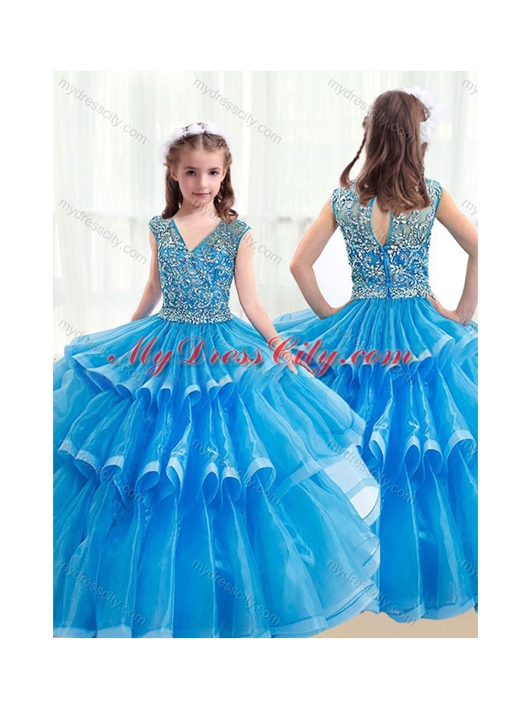 2016 Pretty V Neck Baby Blue  Mini Quinceanera  Dresses with Ruffled Layers