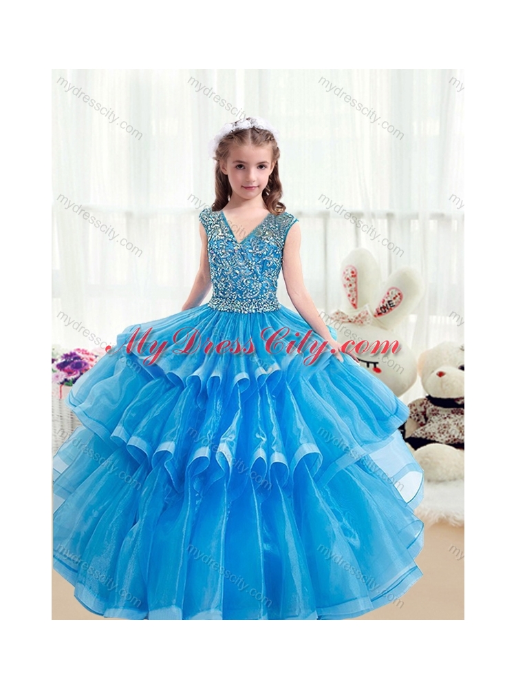 2016 Pretty V Neck Baby Blue  Mini Quinceanera  Dresses with Ruffled Layers