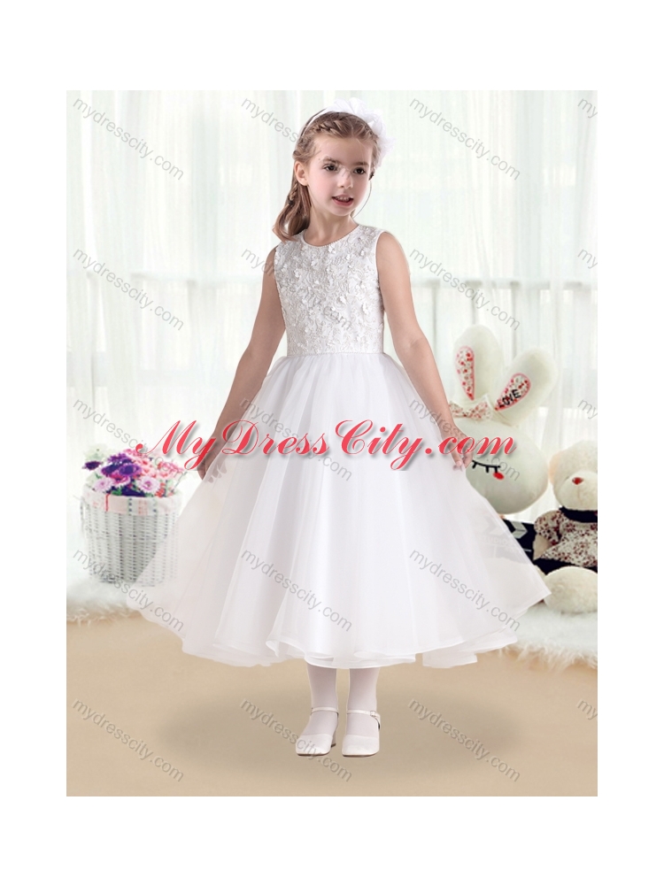 2016 Cheap Princess Scoop White Flower Girl Dresses with Appliques