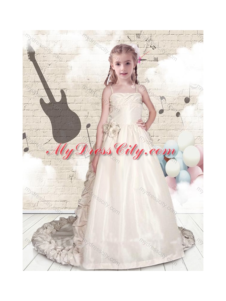 2016 Elegant Empire Spaghetti Straps Brush Train Flower  Little Girls Pageant Dresses