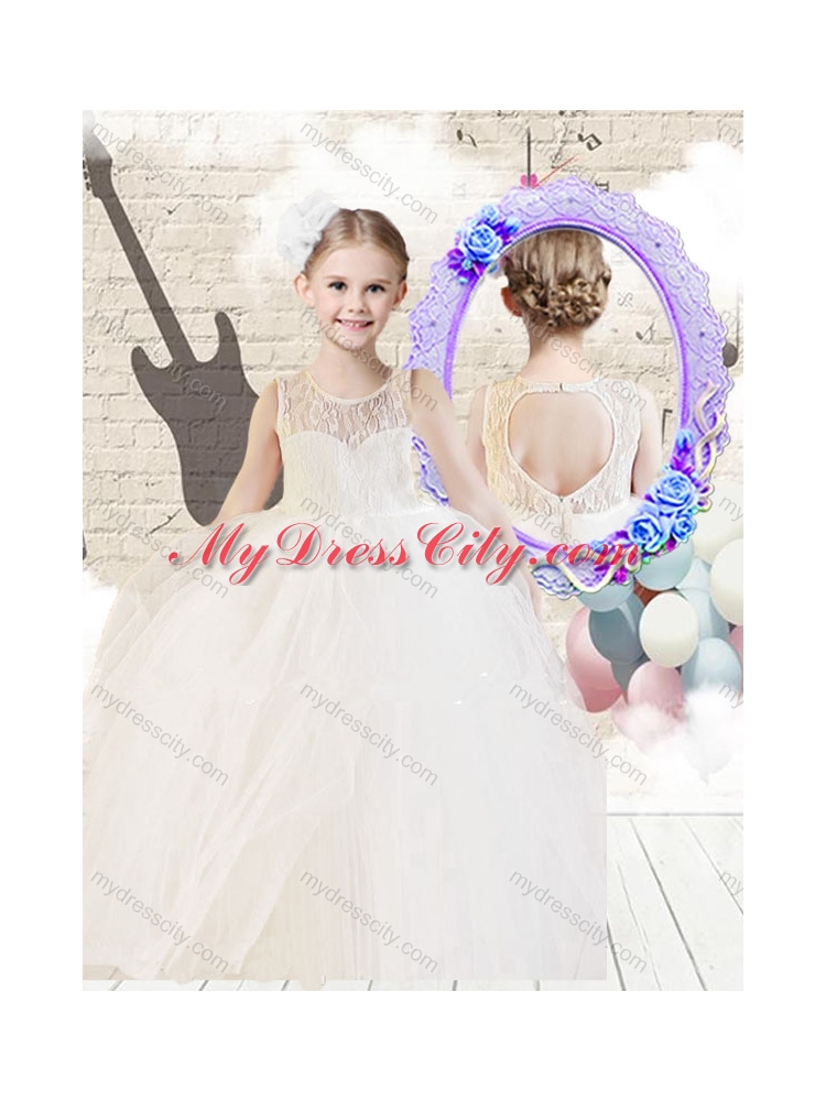 2016 Fashionable Scoop Ball Gown White Little Girl Dresses with Lace