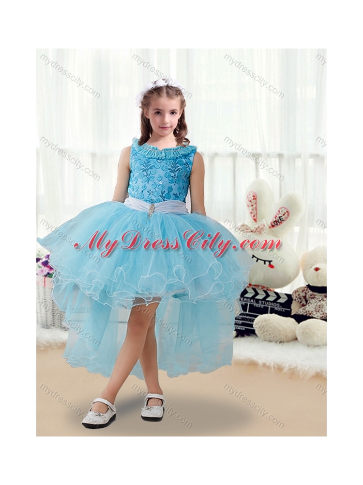 2016 Latest High Low  Little Girls Pageant Dresses with Belt and Appliques